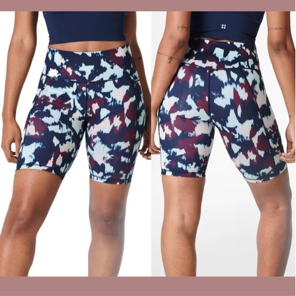 NWT $78 SWEATY BETTY [ XXS 0 ] Super Sculpt‎ 8" Biker Shorts Blue Flow Print